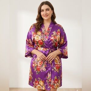 Vibrant Purple Silky Floral Satin Wrap Kimono Robe Bridesmaid Sz Large